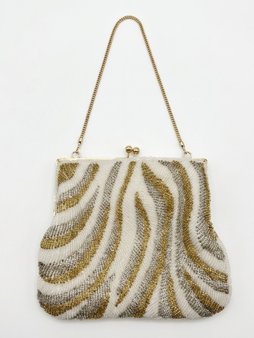 Vintage La Regale Zebra Beaded Evening Bag Clutch Gold Silver White Kiss Lock
